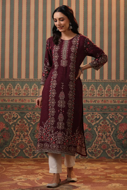 Women Wine Digital Printed Mirror Work Straight Kurta